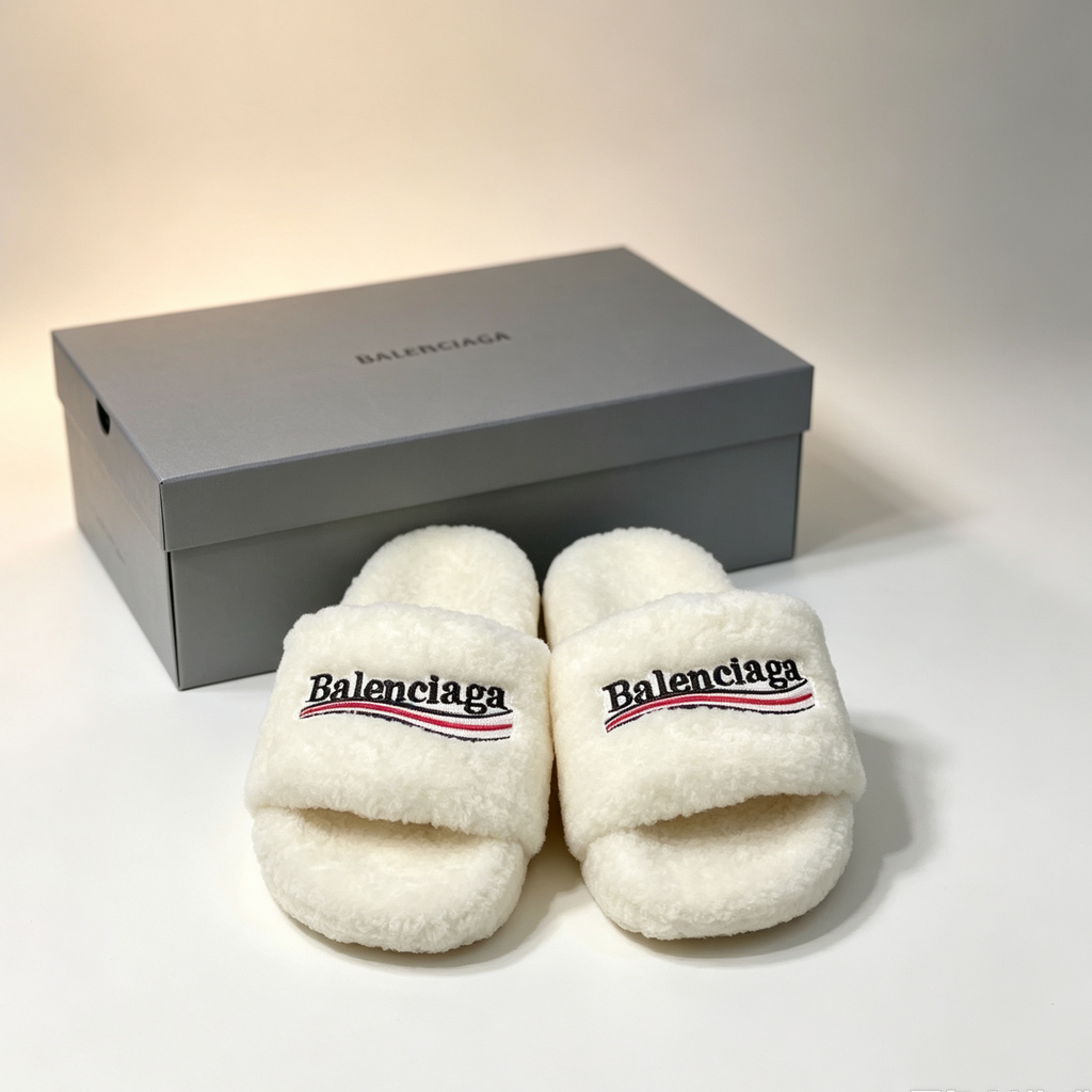 Balenciaga Cream Furry Slide Slippers
