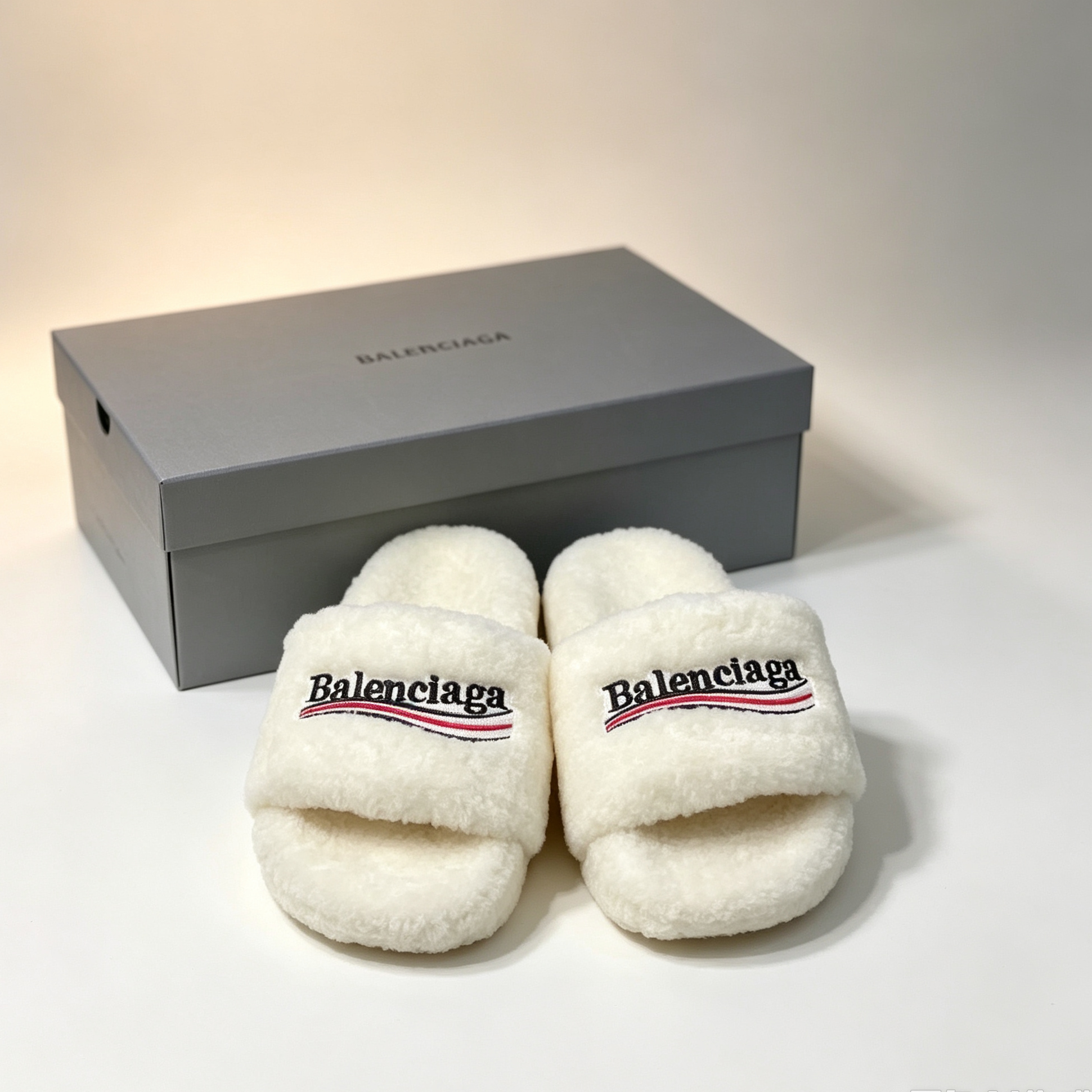 Balenciaga Cream Furry Slide Slippers