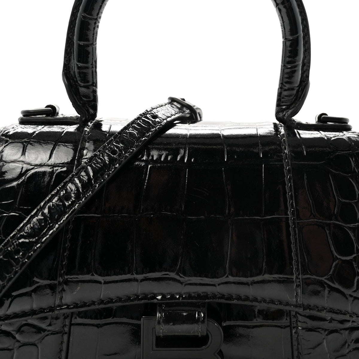 Shiny Calfskin Monochrome Crocodile Embossed Hourglass Top Handle Bag XS Black