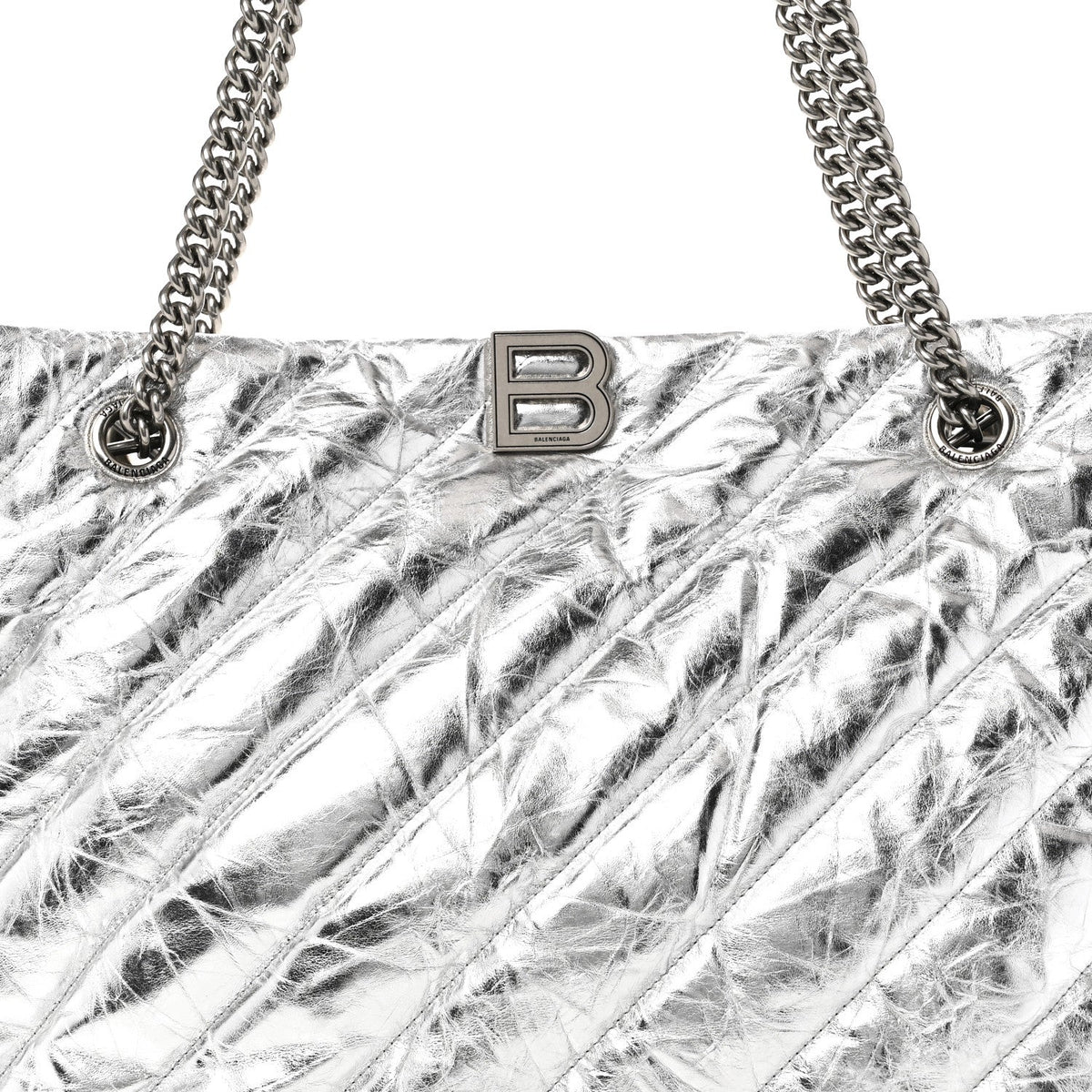 Metallic Crushed Calfskin Quilted Medium Crush Carry All Tote Bag Silver