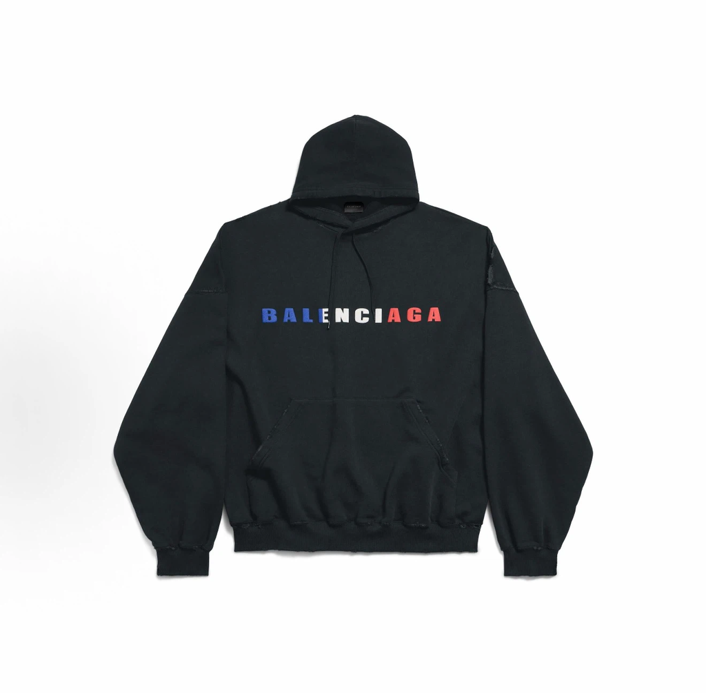 Balenciaga Tricolor Logo Distressed Hoodie Unisex Black