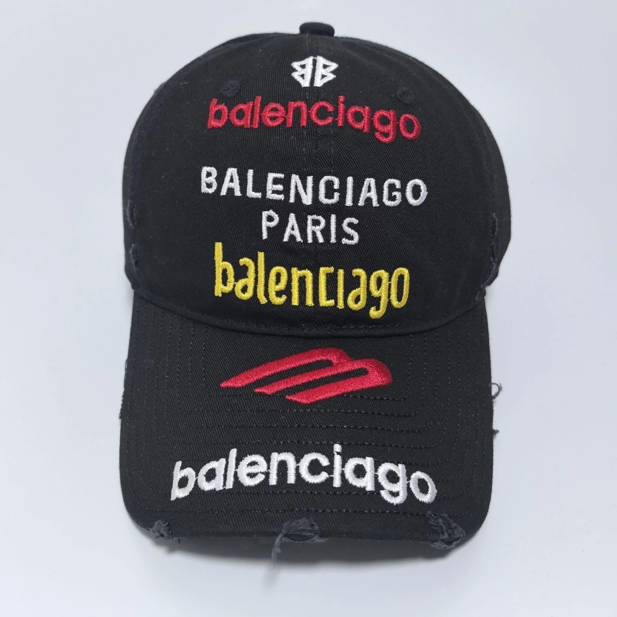 Balenciaga Multi‑Logo Distressed Baseball Cap Unisex Black