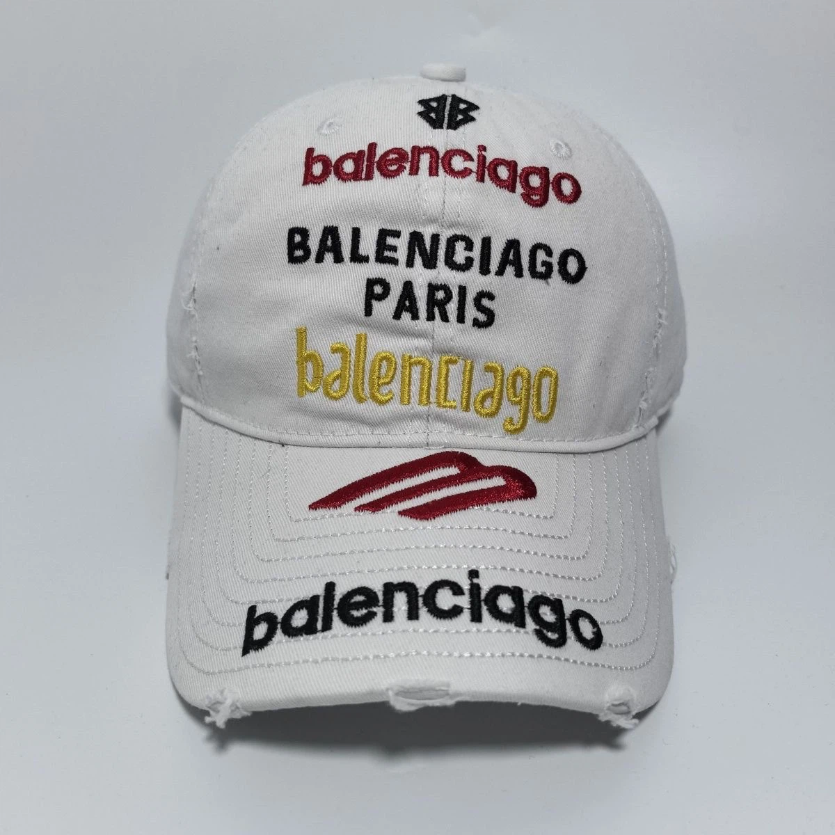 Balenciaga Multi‑Logo Distressed Baseball Cap Unisex White