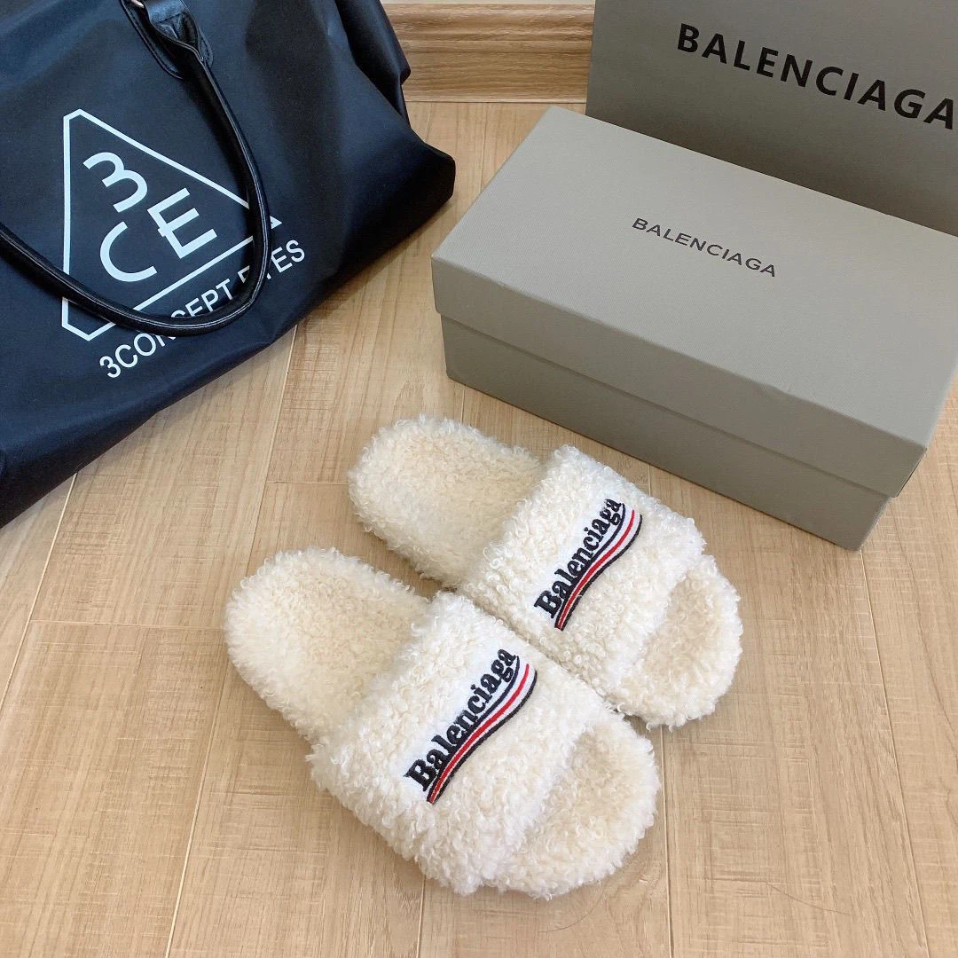Balenciaga Cream Furry Slide Slippers