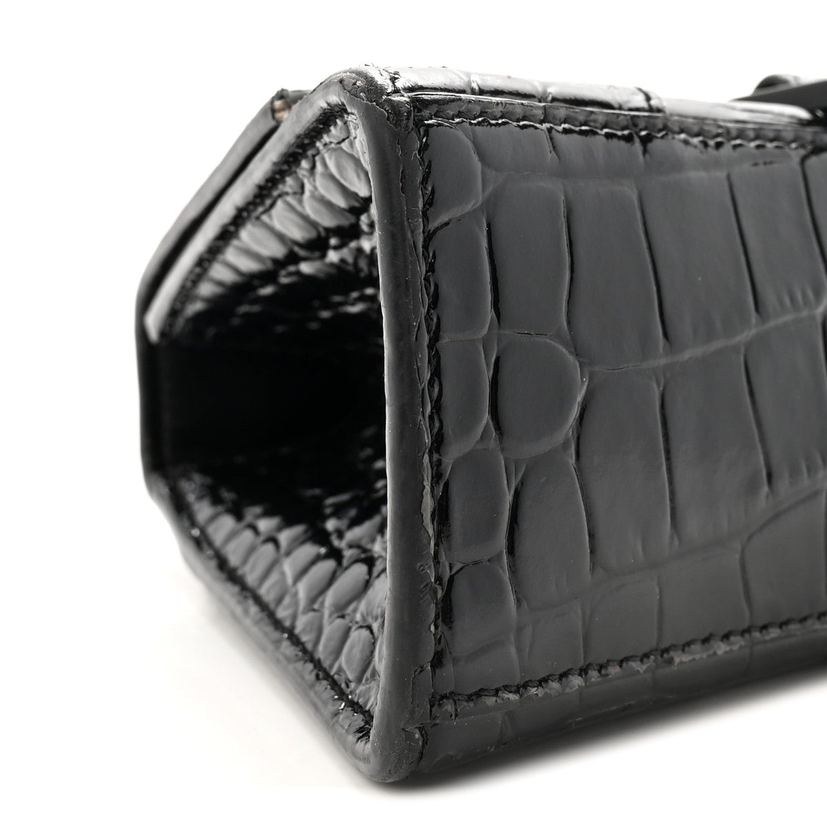 Shiny Calfskin Monochrome Crocodile Embossed Hourglass Top Handle Bag XS Black