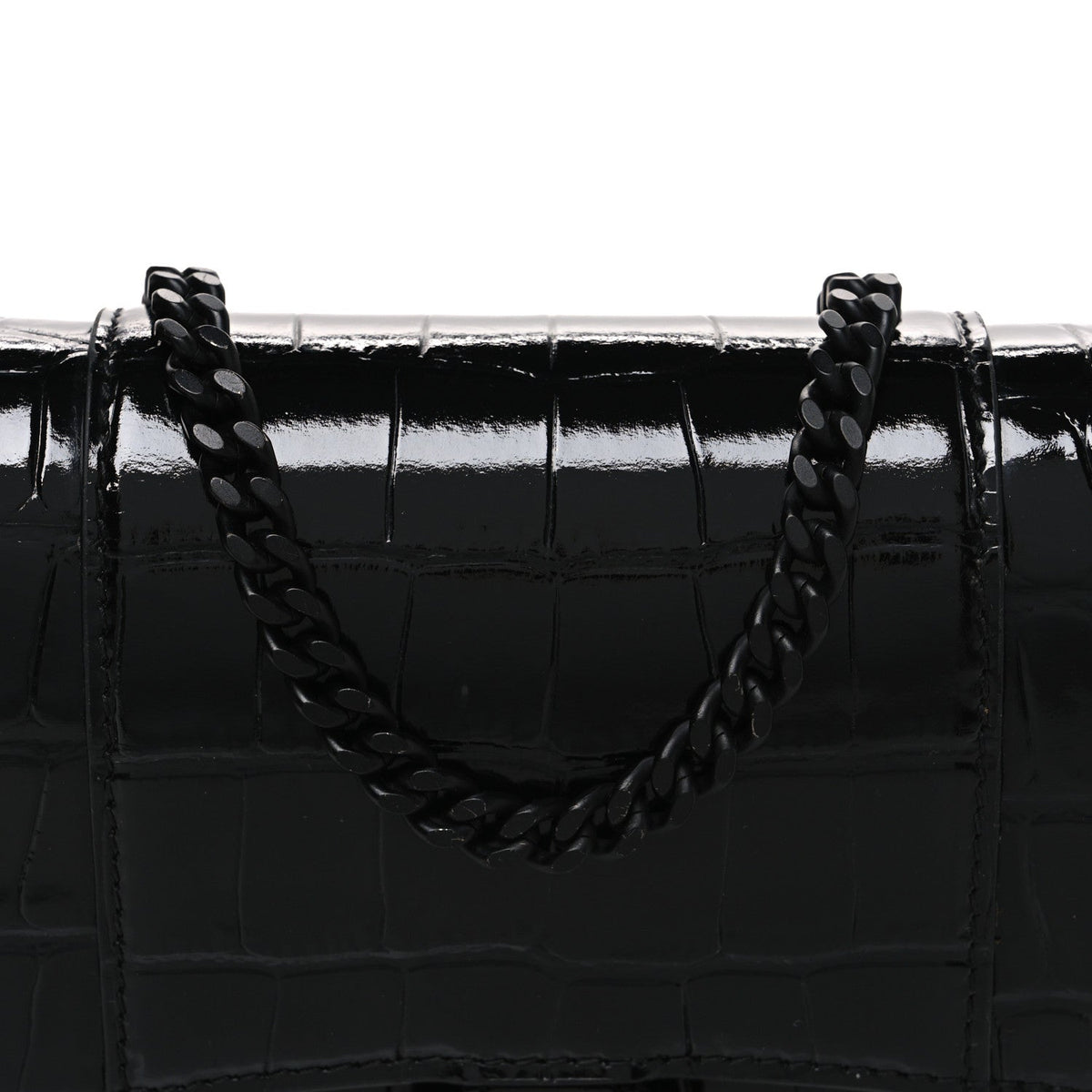 Shiny Calfskin Monochrome Crocodile Embossed Hourglass Chain Bag Black