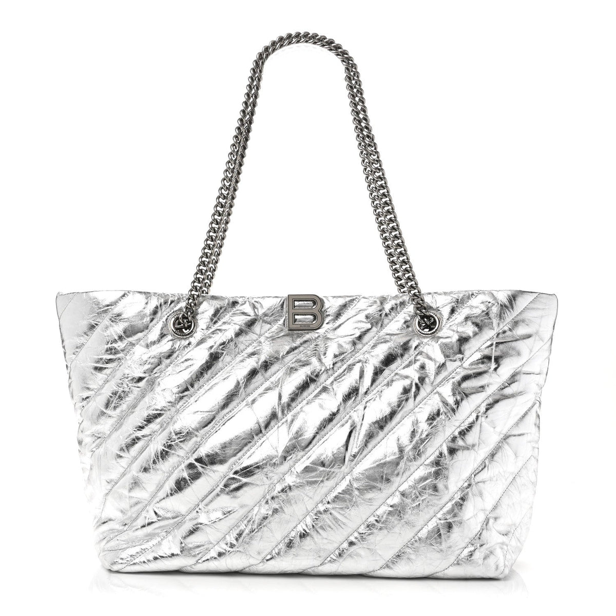 Metallic Crushed Calfskin Quilted Medium Crush Carry All Tote Bag Silver